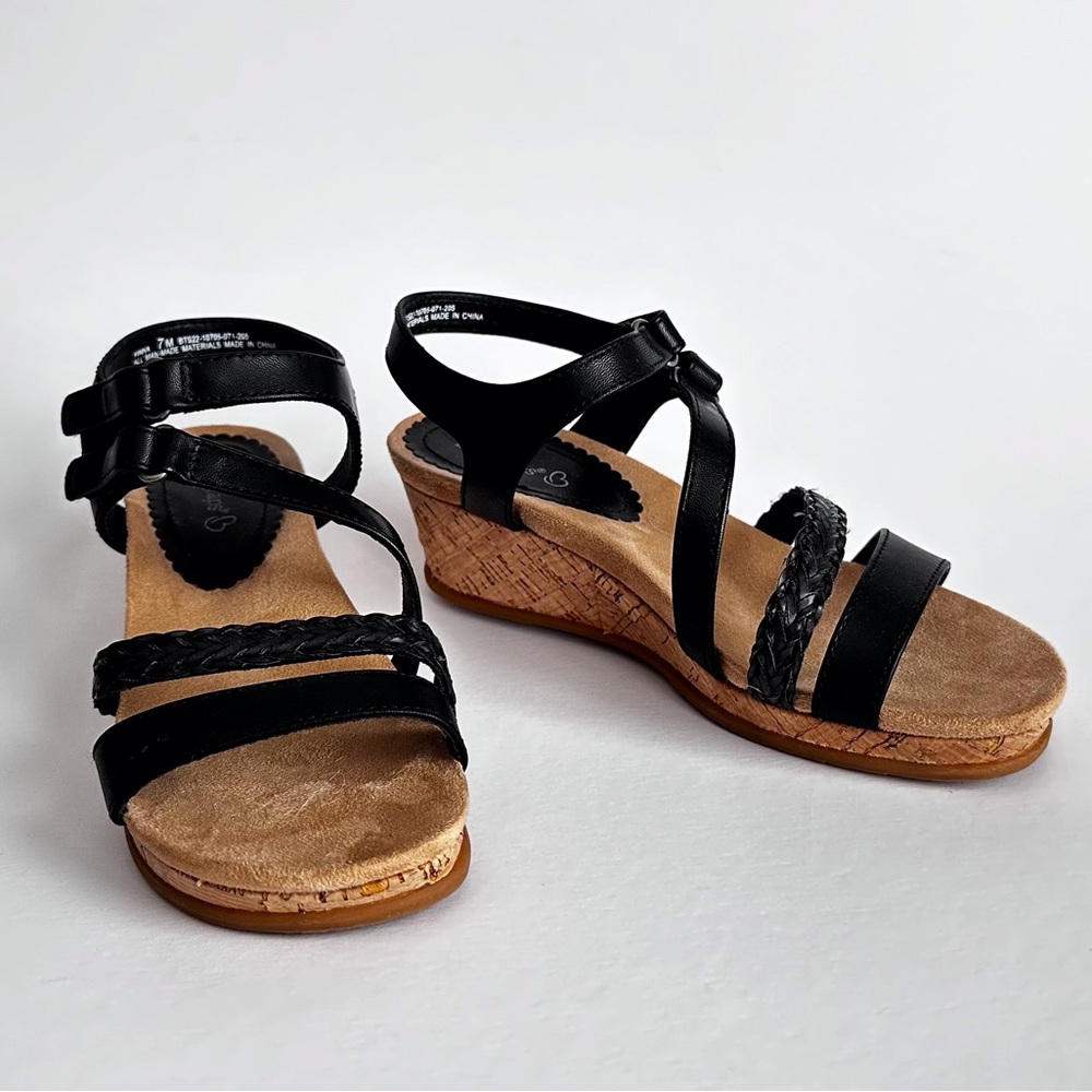 Baretraps Finna Black Open-Toe Strappy Sandals - 2.5” Cork Wedge Heel - Size 7M